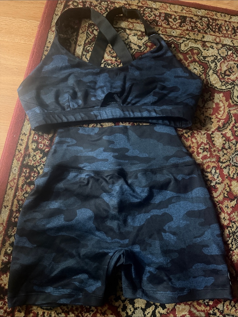 Bombshell sportswear Navy Blue Camo Sports Bra & Shorts Set - Women